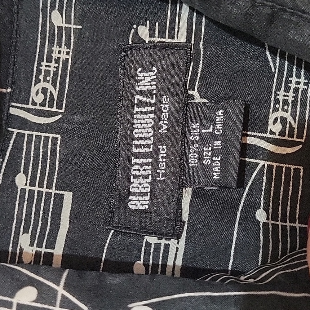 Albert Elouitz Inc Handmade Silk Black Music Note Print Button Up Shirt Size Lg - Picture 5 of 5